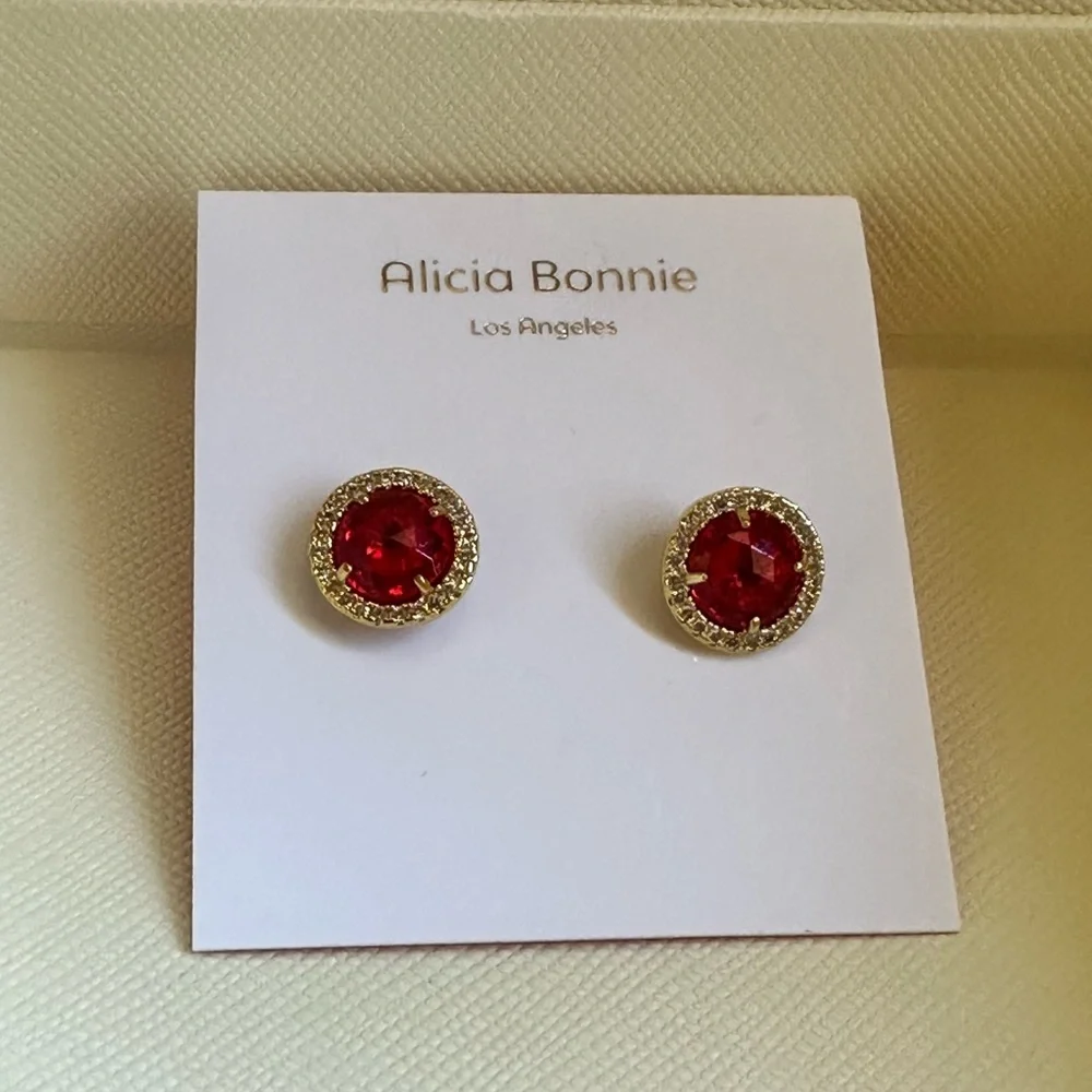 Alicia Bonnie Gold Ruby CZ Stud Earrings - Picture 3 of 10